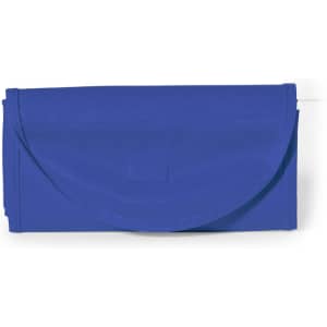 A blue foldable bag is displayed, featuring a simple design and a closure flap. It includes a logo.