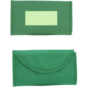 A green foldable bag with a flap closure and a logo. The bag is compact and designed for easy storage.