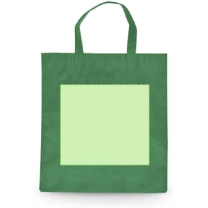 A green foldable bag with two handles and a blank lighter green area in the centre. Features a logo.