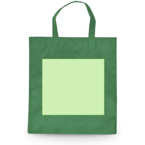 A green foldable bag featuring a blank area for customization and two handles. It has a logo visible.