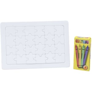 A white puzzle board with 16 interlocking pieces and a set of four colourful crayons beside it.