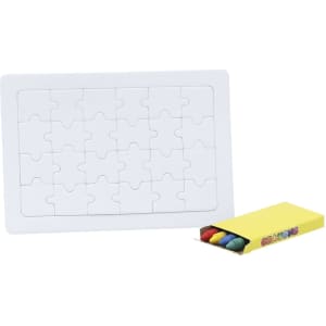 A white jigsaw puzzle with 16 pieces and a box of four coloured crayons. The puzzle is blank and ready for custom designs.