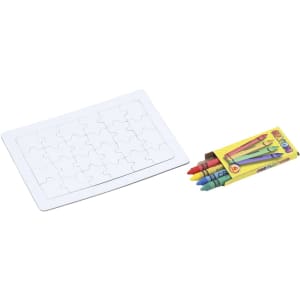 A white jigsaw puzzle with blank pieces alongside a box of crayons in various colours. The box has a logo.