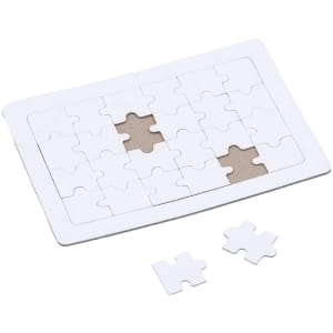 A white jigsaw puzzle set on a grey background, featuring interlocking pieces and two loose white puzzle pieces.