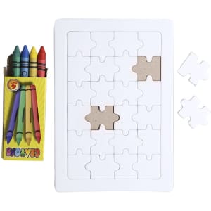 A white puzzle with missing pieces, accompanied by a box of colourful crayons. The puzzle frame is rectangular.