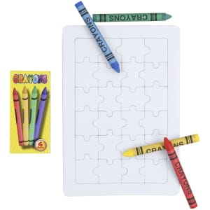 A set of crayons in red, blue, green, yellow, and purple next to a blank puzzle template. The box has a logo.