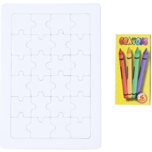 A white jigsaw puzzle with blank pieces alongside a pack of crayons in various colours. The puzzle has an embossed branding logo.