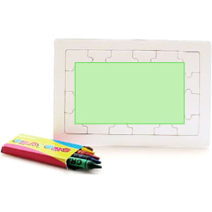 A white jigsaw puzzle frame with a blank centre and a pack of crayons featuring assorted colours.