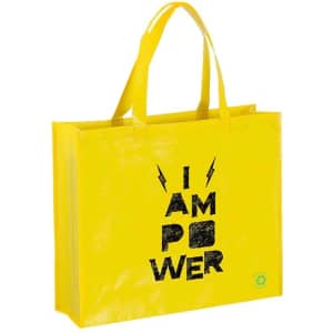 A yellow tote bag with handles featuring a logo and bold black text design.