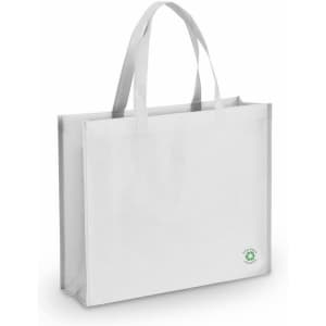 A white tote bag with sturdy handles and a small logo at the bottom. Ideal for carrying items.
