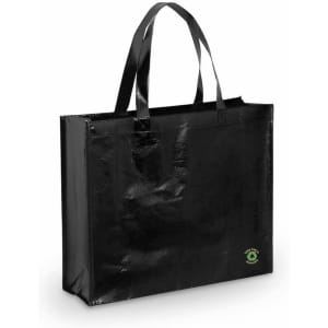 A black tote bag with a shiny finish and two handles, featuring a small logo on the bottom.