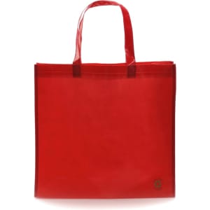 A red tote bag with two handles and a logo in one corner. The bag has a simple, smooth design.