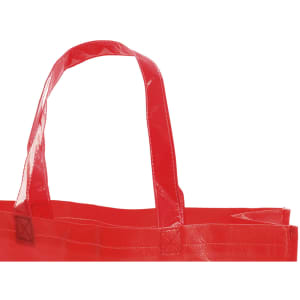 A red tote bag with two handles and a simple design, featuring a logo on one side.