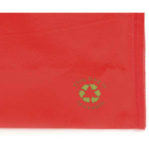 A red tote bag with a green logo, featuring a recycled material design.