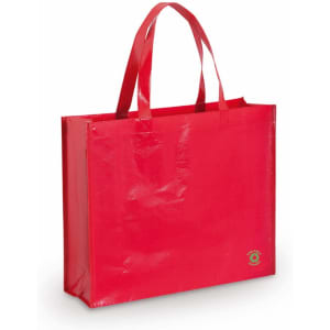 A red tote bag with two handles, featuring a shiny finish and a small logo on the side.