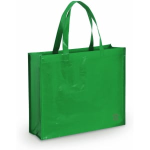 A green tote bag with glossy finish and two handles, featuring a logo on the side.
