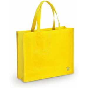 A yellow tote bag with two handles and a logo on the side.