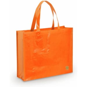 An orange tote bag with two handles and a logo on the bottom corner. The bag has a glossy finish.
