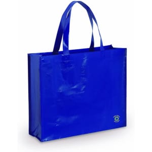 A blue tote bag with two handles and a logo on one side. The bag has a glossy finish.