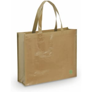 A large, tan tote bag with a glossy finish and dual handles, featuring a small logo on the front.