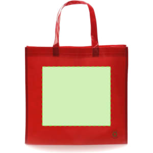 A red tote bag with sturdy handles and a blank green area for customisation, featuring a logo in the corner.