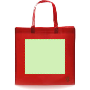 A red tote bag with a green blank area, featuring two sturdy handles and a logo.
