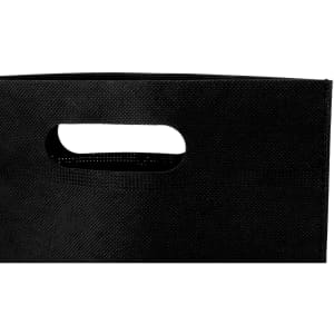 A black bag with a handle and a textured surface, featuring a logo on one side.