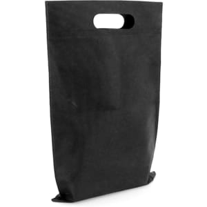 A black bag with a handle, featuring a simple design and a sturdy structure. It has a branding logo.
