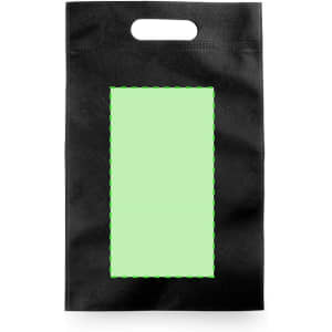 A black bag with a handle and a green blank space for branding or design. The bag features a simple, minimalist style.