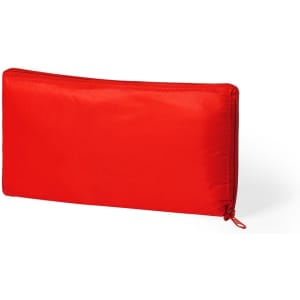 A red cooler bag with a zip closure, featuring a plain design and a logo.