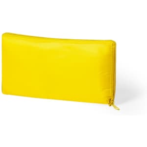 A bright yellow cooler bag with a zip closure, featuring a subtle logo.