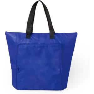 A blue cooler bag with black straps and a front zippered pocket. Features a simple design and a logo.