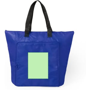 A blue cooler bag with black handles and a front pocket in a green shade. It features a logo.