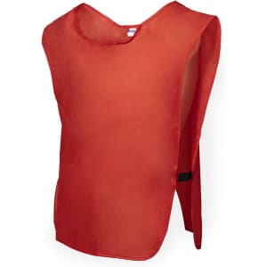 A red sports vest with an open design and adjustable straps, featuring a logo on the front.