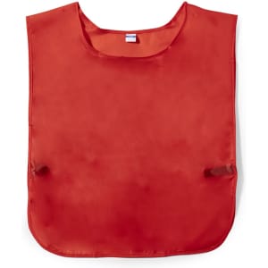 A bright red vest made of lightweight material, featuring a simple design and side openings. It has a logo.