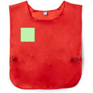 A red sports vest with a green square patch and side ties, designed for team identification.
