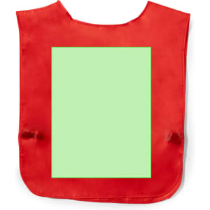 A red sports vest featuring a blank green square area, designed for team identification. It has a logo.
