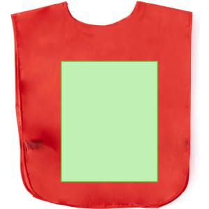 A red sports bib featuring a blank green square area, suitable for customisation. It has a simple design and lightweight fabric.