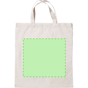 A plain beige tote bag with two handles and a green square area for customisation. It features a logo.
