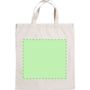 A cream tote bag with two handles features a green dashed outline on the front. It has a branding logo.
