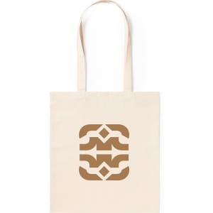 A beige tote bag with a decorative brown logo design on the front and two shoulder straps.