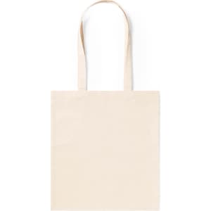 A beige tote bag with two handles and a simple design. The bag features a logo on one side.