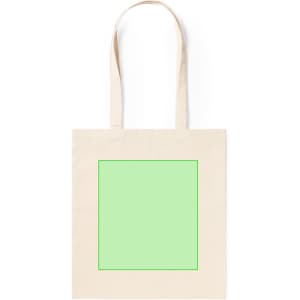 A beige tote bag with long handles and a blank green square in the centre. Features a logo.