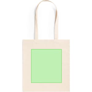 A beige tote bag with dual handles and a green square graphic. It features a logo.
