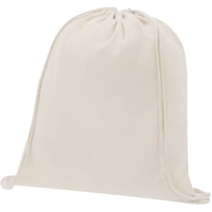 A cream drawstring bag with a gathered top and a simple design. It features a logo on the front.