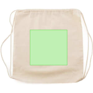 A beige drawstring bag featuring a blank green square area and cords for closure.