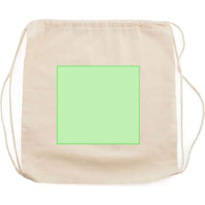 A natural-coloured drawstring bag with a green square on the front and two drawstring handles.