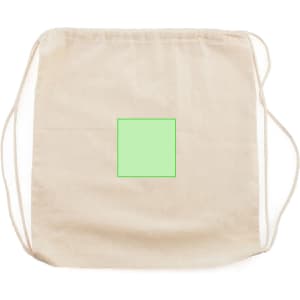A natural cotton drawstring bag in a light colour, featuring a square area in the centre and drawstrings on two sides.