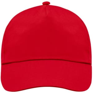 A red cap featuring a curved brim and a top button, with a logo on the front.