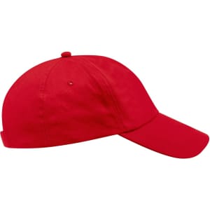 A red cap with a curved brim, featuring a logo on the front and an adjustable strap at the back.